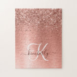 Rose Gold Brushed Metal Glitter Monogram Name Jigsaw Puzzle<br><div class="desc">Easily personalize this trendy chic jigsaw puzzle design featuring pretty rose gold sparkling glitter on a rose gold brushed metallic background.</div>