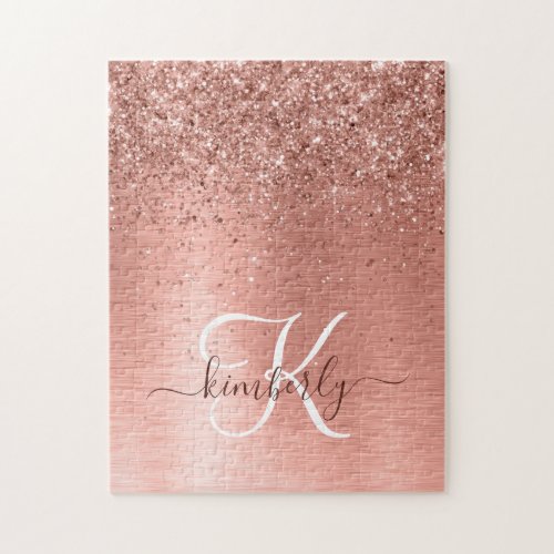 Rose Gold Brushed Metal Glitter Monogram Name Jigsaw Puzzle