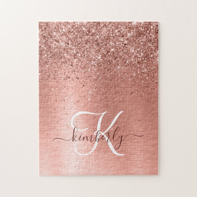 Rose Gold Brushed Metal Glitter Monogram Name Jigsaw Puzzle (Vertical)