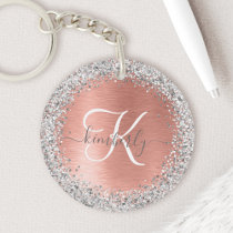 Rose Gold Brushed Metal Glitter Monogram Name Keychain