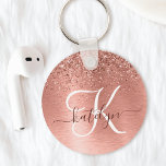 Rose Gold Brushed Metal Glitter Monogram Name Keychain<br><div class="desc">Easily personalize this trendy chic keychain design featuring pretty rose gold sparkling glitter on a rose gold brushed metallic background.</div>