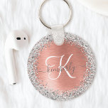 Rose Gold Brushed Metal Glitter Monogram Name Keychain<br><div class="desc">Easily personalize this trendy chic key chain design featuring pretty silver sparkling glitter on a rose gold brushed metallic background.</div>