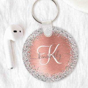 Rose Gold Brushed Metal Glitter Monogram Name Keychain