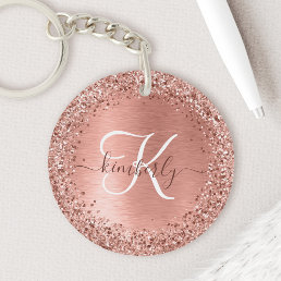 Rose Gold Brushed Metal Glitter Monogram Name Keychain