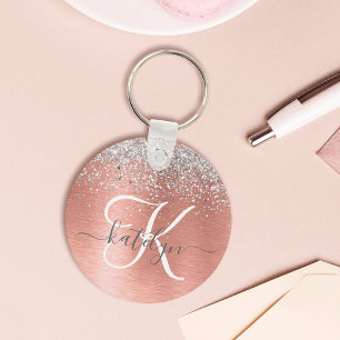 Rose Gold Brushed Metal Glitter Monogram Name Keychain