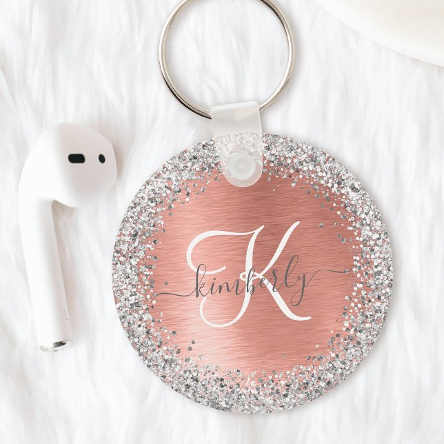 Rose Gold Brushed Metal Glitter Monogram Name Keychain (Creator Uploaded)