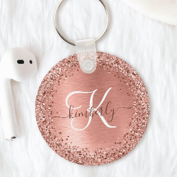 Rose Gold Brushed Metal Glitter Monogram Name Keychain