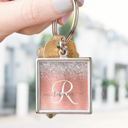 Rose Gold Brushed Metal Glitter Monogram Name Keychain