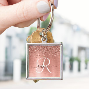 Rose Gold Brushed Metal Glitter Monogram Name Keychain