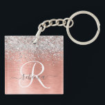 Rose Gold Brushed Metal Glitter Monogram Name Keychain<br><div class="desc">Easily personalize this trendy chic design keychain featuring pretty silver sparkling glitter on a rose gold brushed metallic background.</div>