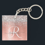Rose Gold Brushed Metal Glitter Monogram Name Keychain<br><div class="desc">Easily personalize this trendy chic design keychain featuring pretty silver sparkling glitter on a rose gold brushed metallic background.</div>