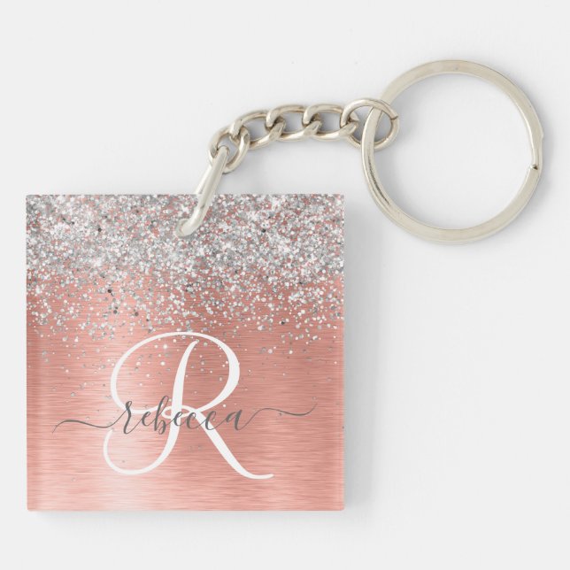 Rose Gold Brushed Metal Glitter Monogram Name Keychain (Back)