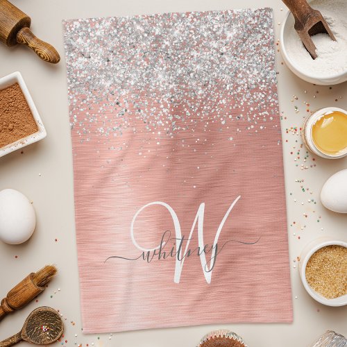 Rose Gold Brushed Metal Glitter Monogram Name Kitchen Towel