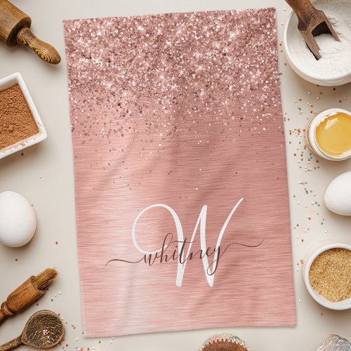 Rose Gold Brushed Metal Glitter Monogram Name Kitchen Towel