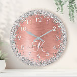 Rose Gold Brushed Metal Glitter Monogram Name Large Clock<br><div class="desc">Easily personalize this trendy chic wall clock design featuring pretty silver sparkling glitter on a rose gold brushed metallic background.</div>