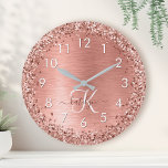 Rose Gold Brushed Metal Glitter Monogram Name Large Clock<br><div class="desc">Easily personalize this trendy chic large clock design featuring pretty rose gold sparkling glitter on a rose gold brushed metallic background.</div>