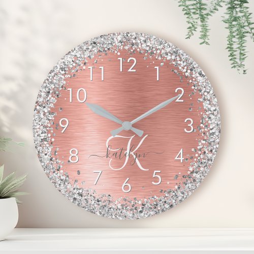 Rose Gold Brushed Metal Glitter Monogram Name Large Clock