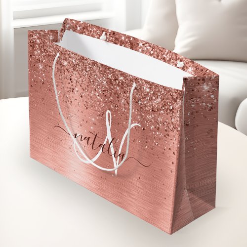 Rose Gold Brushed Metal Glitter Monogram Name Large Gift Bag