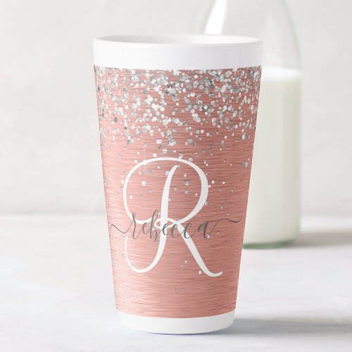 Rose Gold Brushed Metal Glitter Monogram Name Latte Mug