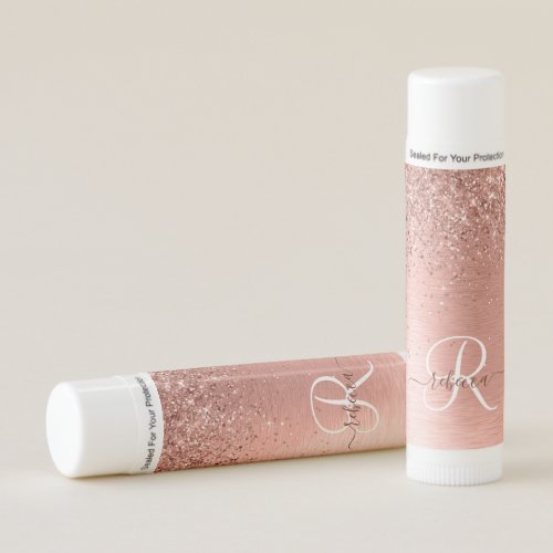 Rose Gold Brushed Metal Glitter Monogram Name Lip Balm