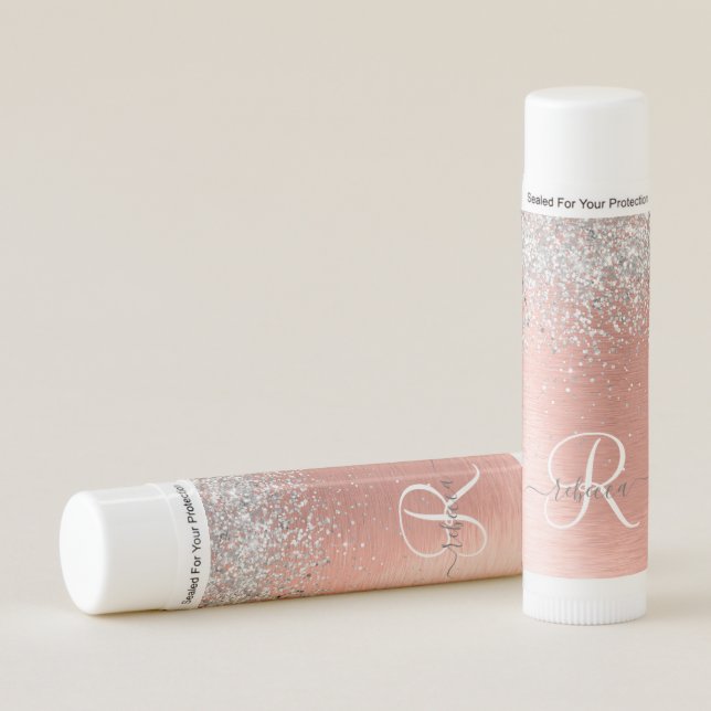 Rose Gold Brushed Metal Glitter Monogram Name Lip Balm (Front)