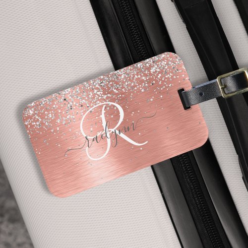 Rose Gold Brushed Metal Glitter Monogram Name Luggage Tag