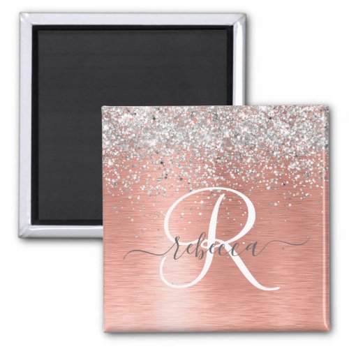 Rose Gold Brushed Metal Glitter Monogram Name Magnet