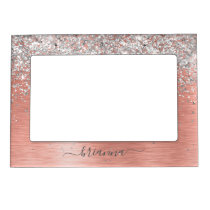 Rose Gold Brushed Metal Glitter Monogram Name Magnetic Frame