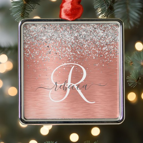 Rose Gold Brushed Metal Glitter Monogram Name Metal Ornament