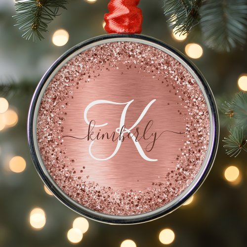 Rose Gold Brushed Metal Glitter Monogram Name Metal Ornament