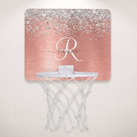 Rose Gold Brushed Metal Glitter Monogram Name Mini Basketball Hoop