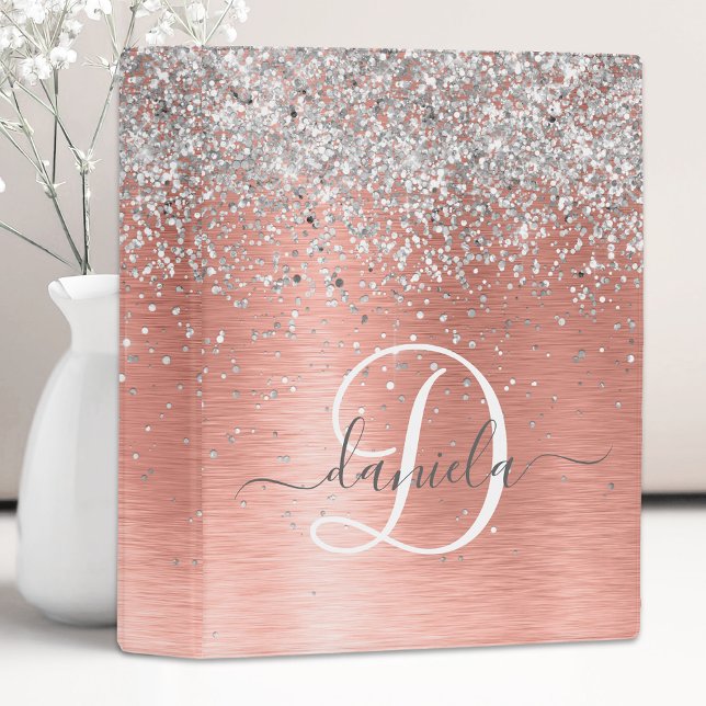 Rose Gold Brushed Metal Glitter Monogram Name Mini Binder (Creator Uploaded)