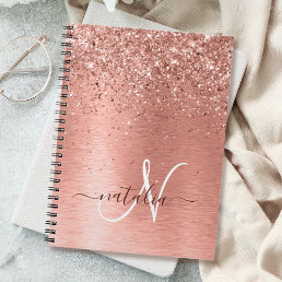 Rose Gold Brushed Metal Glitter Monogram Name Notebook