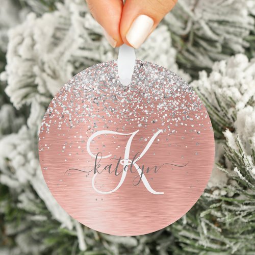 Rose Gold Brushed Metal Glitter Monogram Name Ornament