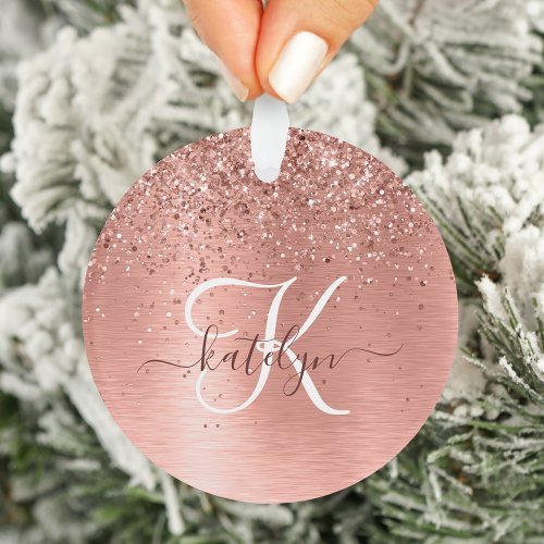 Rose Gold Brushed Metal Glitter Monogram Name Ornament