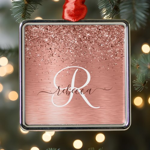 Rose Gold Brushed Metal Glitter Monogram Name Ornament