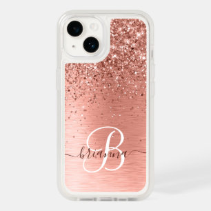 Rose Gold Brushed Metal Glitter Monogram Name OtterBox iPhone 14 Case
