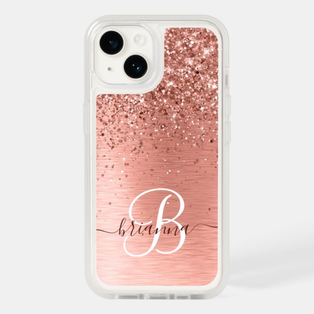 Rose Gold Brushed Metal Glitter Monogram Name Otterbox iPhone Case (Back)