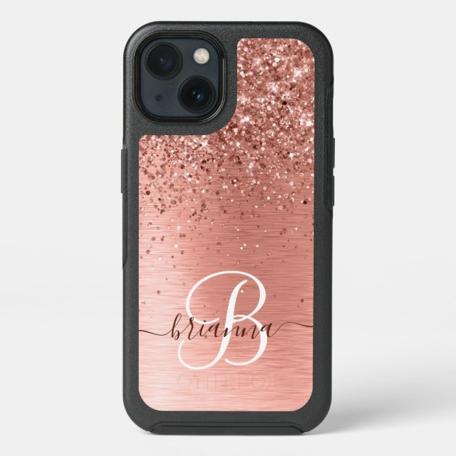 Rose Gold Brushed Metal Glitter Monogram Name Otterbox iPhone Case (Back)