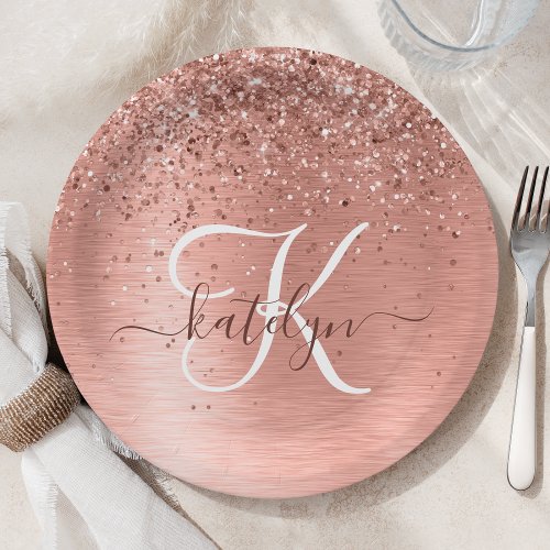 Rose Gold Brushed Metal Glitter Monogram Name Pape Paper Plates