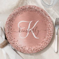 Rose Gold Brushed Metal Glitter Monogram Name Pape