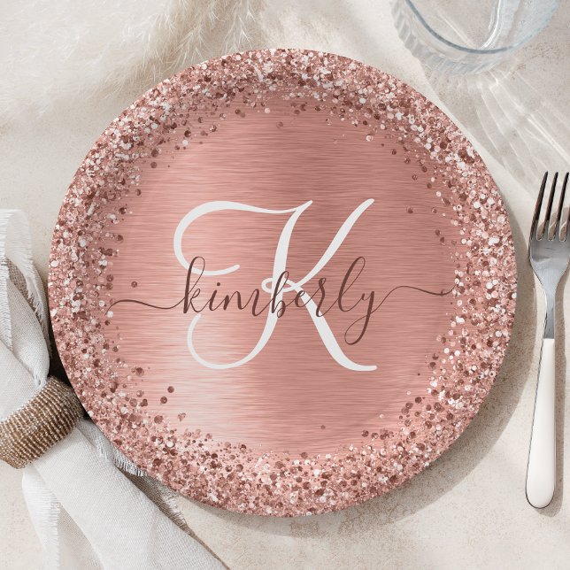 Rose Gold Brushed Metal Glitter Monogram Name Pape Paper Plates (Creator Uploaded)