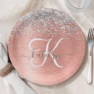 Rose Gold Brushed Metal Glitter Monogram Name Paper Plates