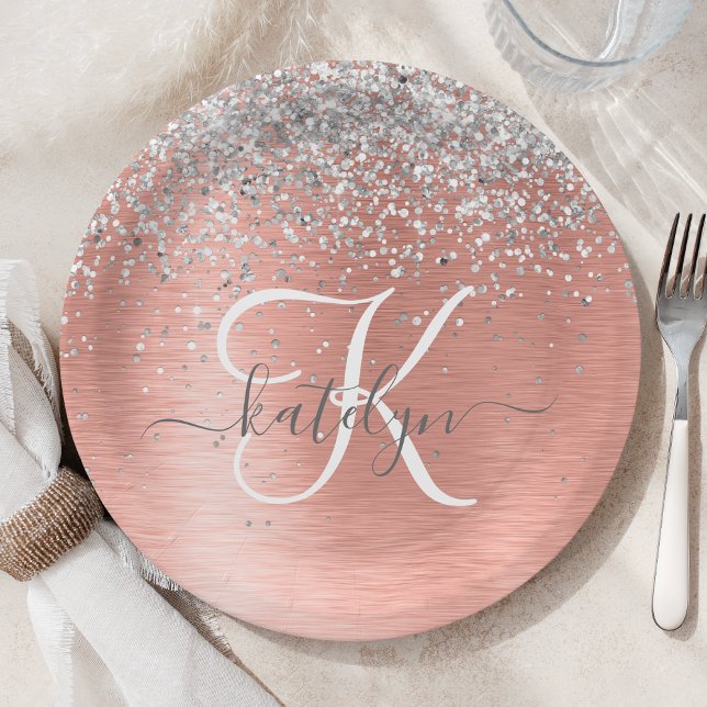 Rose Gold Brushed Metal Glitter Monogram Name Paper Plates (Creator Uploaded)