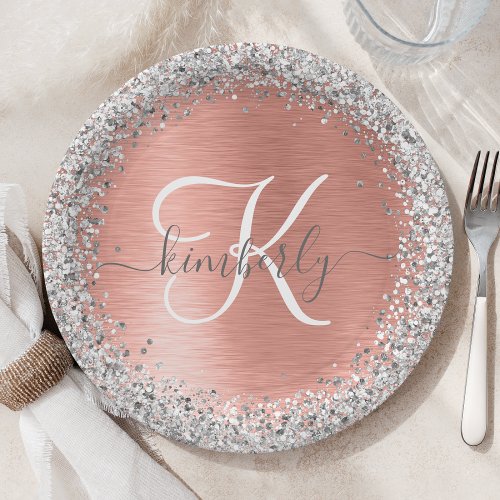 Rose Gold Brushed Metal Glitter Monogram Name Paper Plates