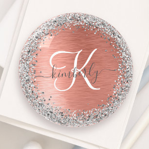 Rose Gold Brushed Metal Glitter Monogram Name Paperweight