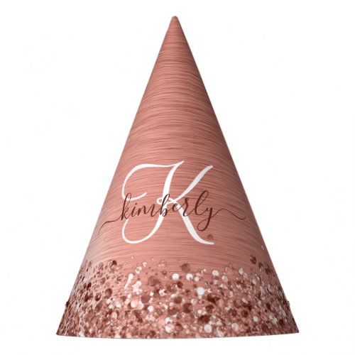 Rose Gold Brushed Metal Glitter Monogram Name Party Hat