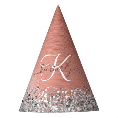 Rose Gold Brushed Metal Glitter Monogram Name Party Hat