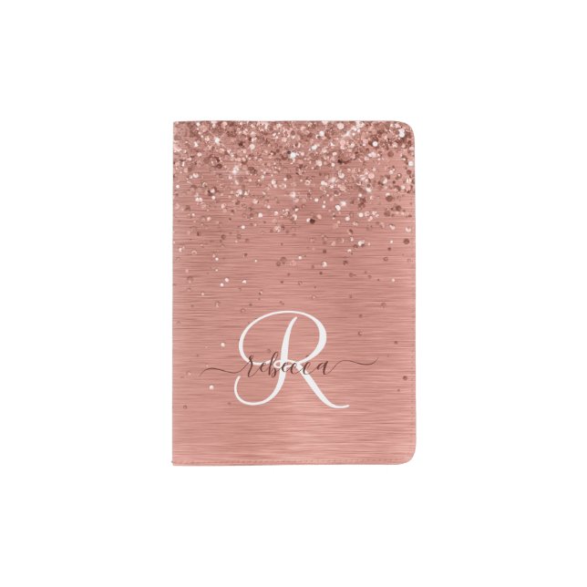 Rose Gold Brushed Metal Glitter Monogram Name Passport Holder (Front)