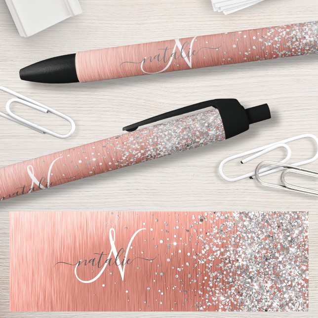 Rose Gold Brushed Metal Glitter Monogram Name Pen (Creator Uploaded)